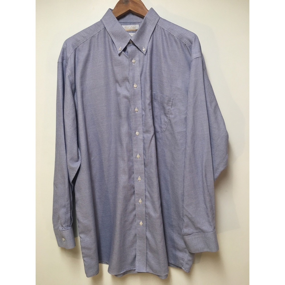 Roundtree & Yorke Button Down Mens 18 36 Blue White Micro Check Gold Label Dobby